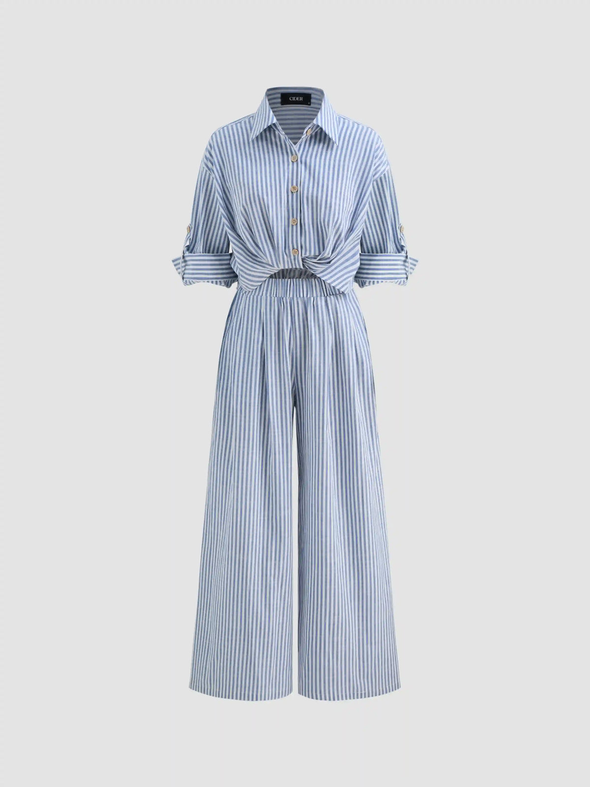 Cotton-blend Collar Solid Striped Knotted Roll-up Sleeve Jumpsuit