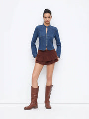 Denim Mandarin Collar Long Sleeve Striped Cut Out Blouse