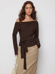 Asymmetrical Neck Belted Long Sleeve Top
