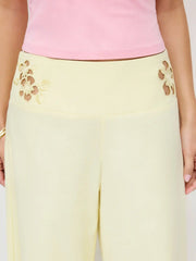 Linen-blend Mid Rise Floral Graphic Cut Out Straight Leg Trousers
