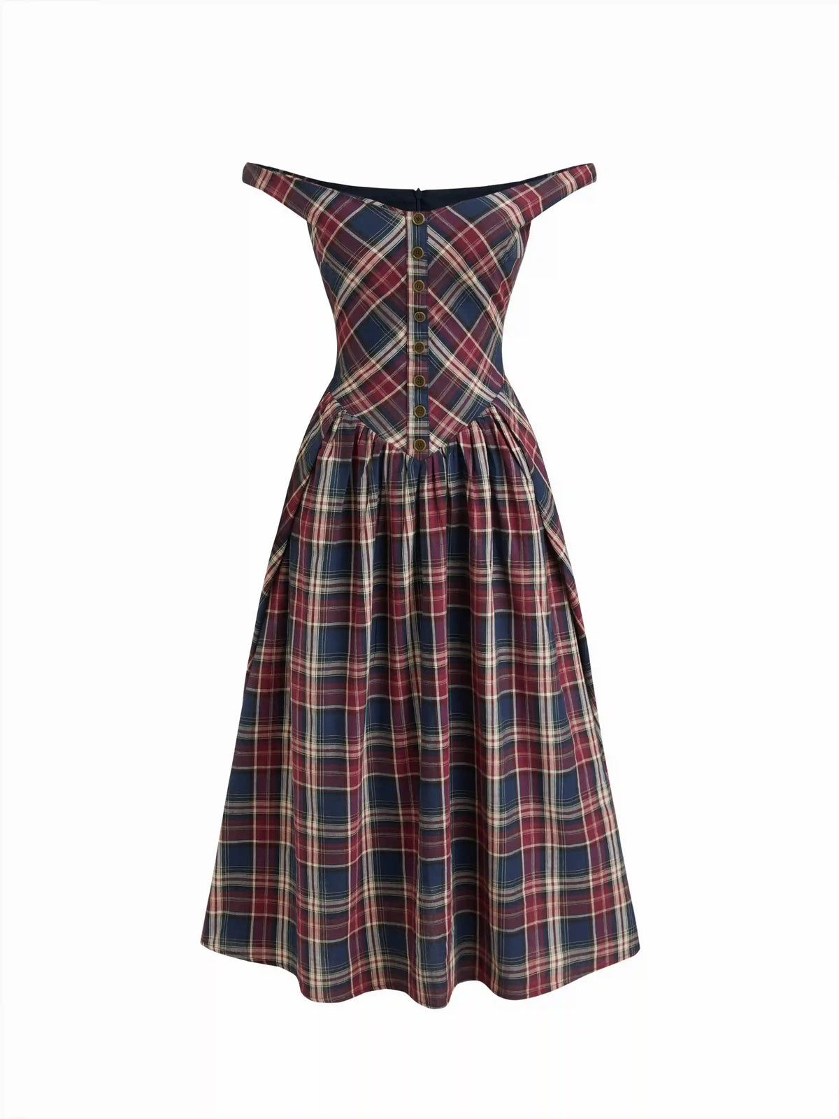 Cotton Plaid Off-shoulder Button Front Ruffle Midi Dress