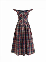 Cotton Plaid Off-shoulder Button Front Ruffle Midi Dress