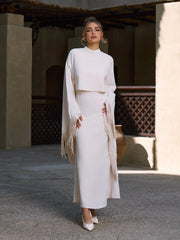 High Neck Bell Sleeve Fringed cape overlay & Midi Dress Set