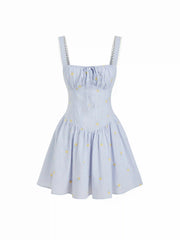 Cotton Striped Floral Square Neck Eyelet Ruched A-line Mini Dress