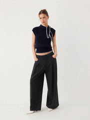 Knit High Neck Knotted Two Tone Top With Scarf