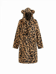 Fleece Hooded Leopard Print Oversized Robe