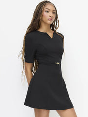 V-neck Chain Detail Short Sleeve Mini Dress