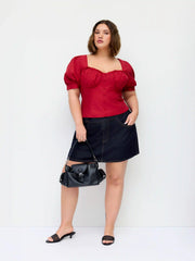 Linen-blend Sweetheart Neckline Lettuce Trim Shirred Puff Sleeve Blouse Curve & Plus