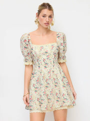 Floral Square Neck Puff Sleeve Shirred Babydoll Mini Dress