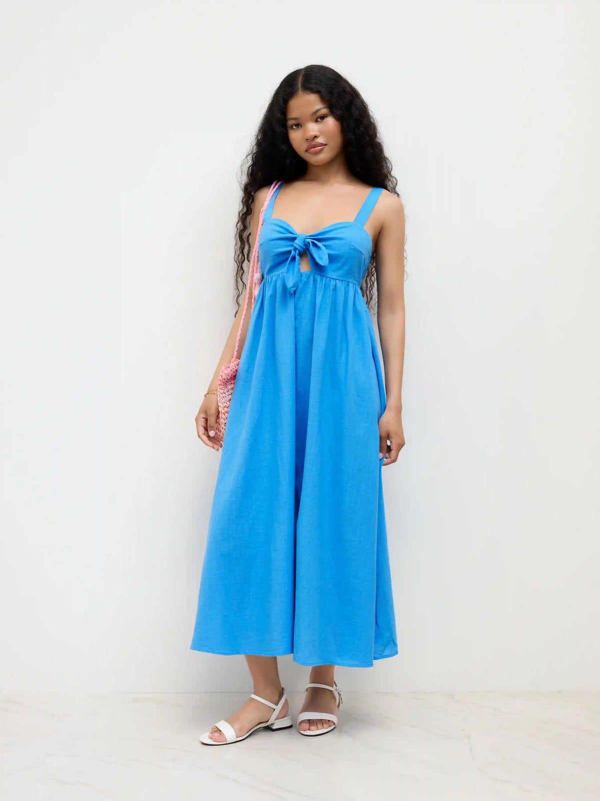 Cotton-blend Sweetheart Bowknot Cut Out Shirred Maxi Dress