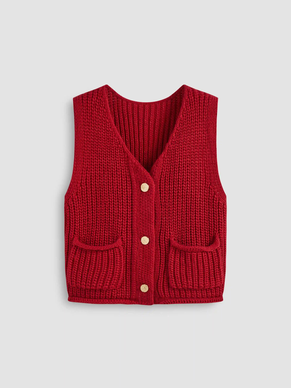 Knit V-neck Solid Metal Button Pocket Crop Vest