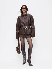 Faux Leather Stand Collar Zip Through Jacket With Belt