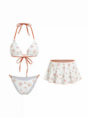Halter Neckline Floral Triangle Bikini Set With Beach Skirt