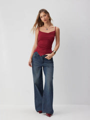 Cowl Neck Ruched Asymmetrical Hem Cami Top