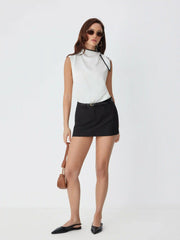 Satin High Neck Contrast Trim Sleeveless Blouse