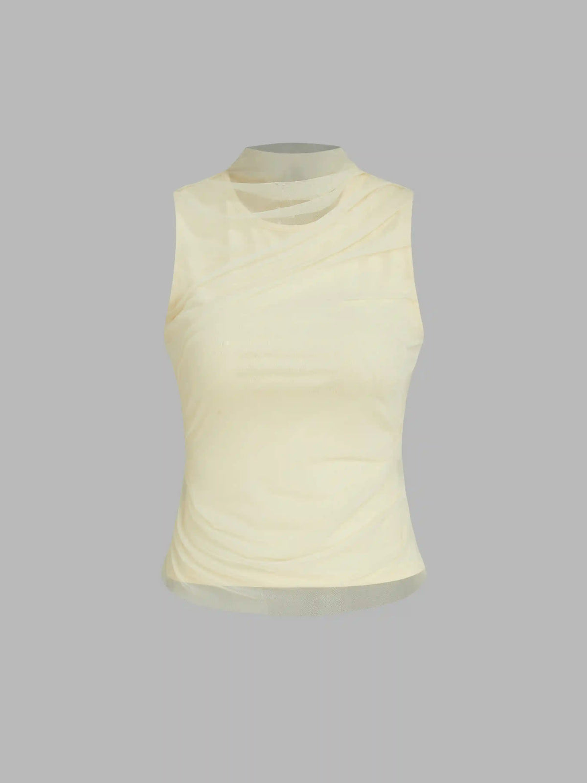 Mesh Patchy Turtle Neck Solid Ruched Crop Top