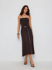 Knit Bandeau A-line Maxi Flared Dress With Belt