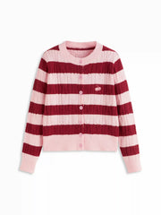 Cable Knit Striped Cherry Embroidery Round Neckline Long Sleeve Cardigan