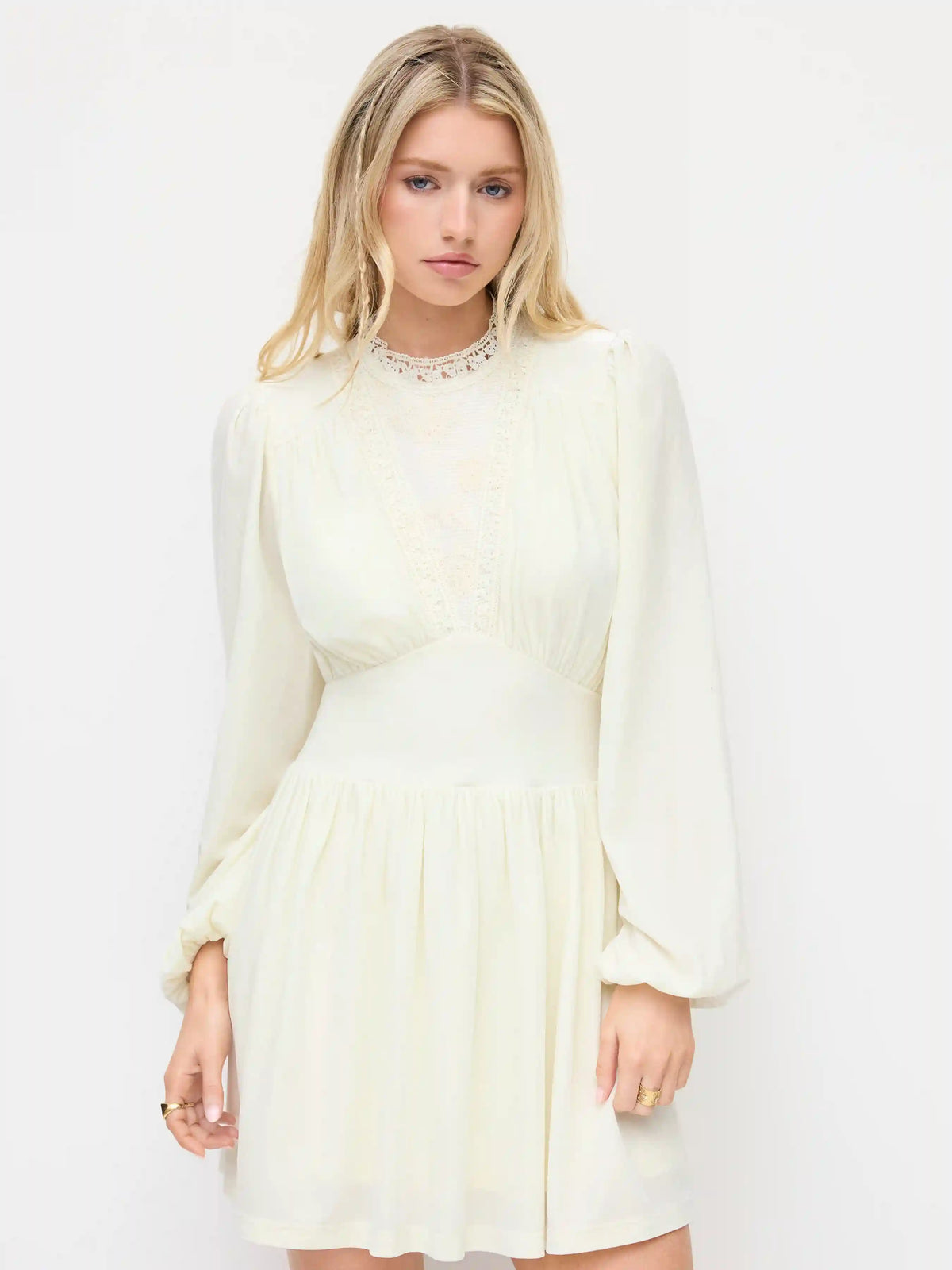 Velvet High Neck Lantern Long Sleeve Contrasting Lace Cinched Waist Mini Dress
