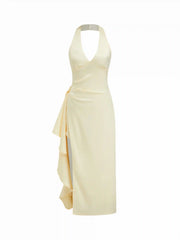 Satin Halter V-neck Split Draped Maxi Dress