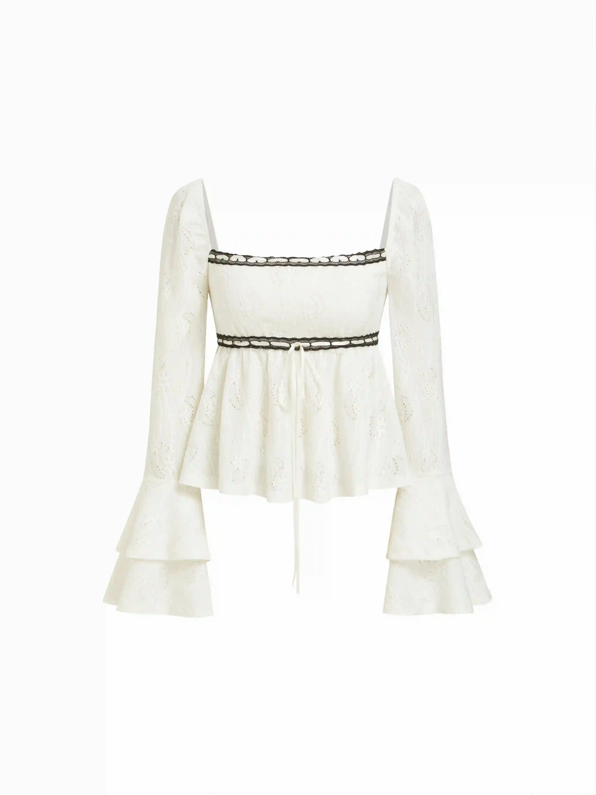 Jacquard Square Neck Bell Sleeve Lace Floral Ruffled Peplum Top