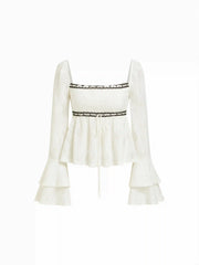 Jacquard Square Neck Bell Sleeve Lace Floral Ruffled Peplum Top