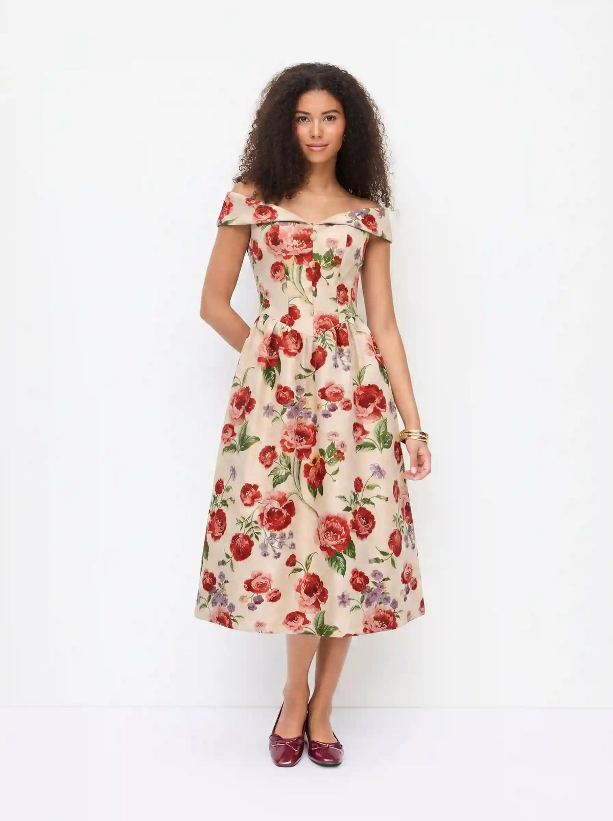 Jacquard Floral Sweetheart Off-shoulder Flared Midi Dress