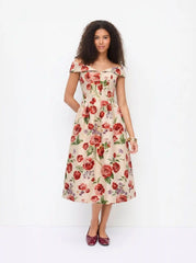 Jacquard Floral Sweetheart Off-shoulder Flared Midi Dress