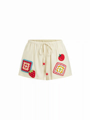 Linen-blend Mid Rise Fruit Applique Shorts