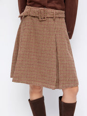 Tweed Mid Rise Houndstooth Midi Skirt With Belt