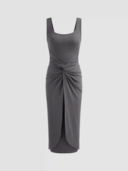 Square Neck Solid Twist Knotted Maxi Dress