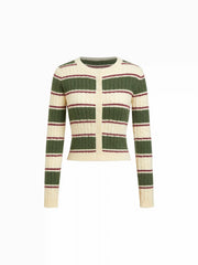 Cable Knit Striped Colorblock Round Neckline Long Sleeve Button Top