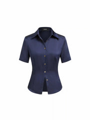 Satin Collar Short Sleeve Button Front Blouse
