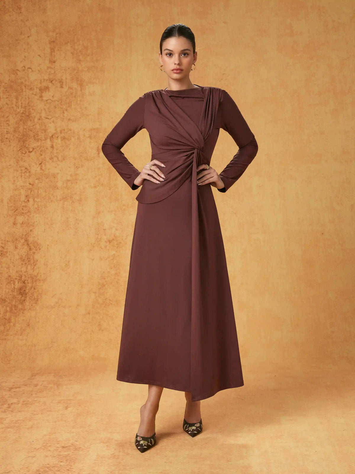 Boat Neck Asymmetrical Twist Ruched Maxi Dress