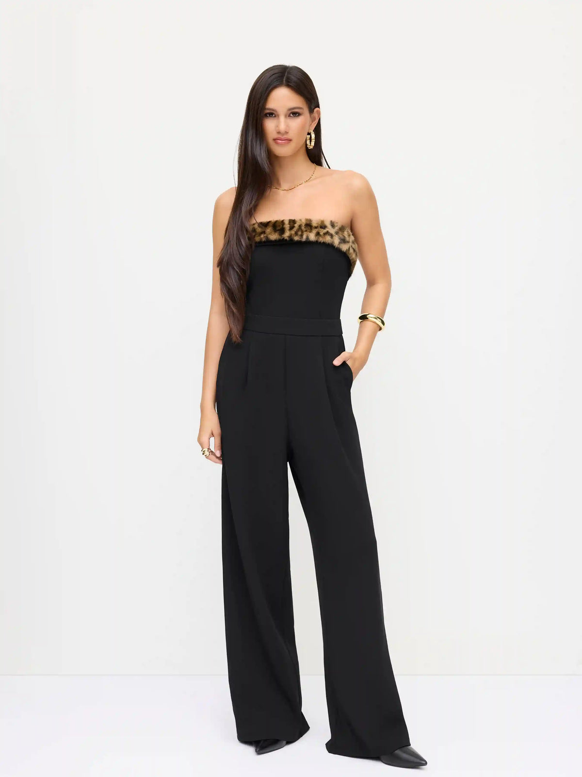 Leopard Faux Fur Trim Wide Leg Bandeau Jumpsuit