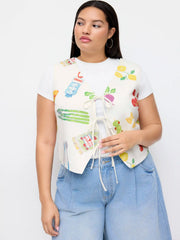 Fruit Graphic Color-Blocking V-Neck Oversized Reversible Jacket Vest Curve & Plus