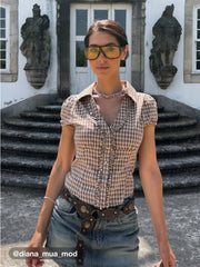 Cotton V-neck Check Button Short Sleeve Gingham Blouse