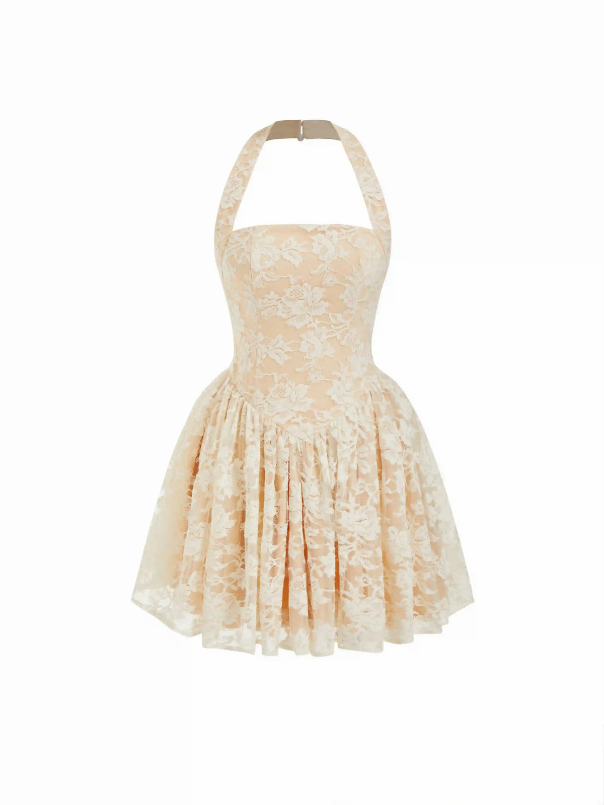 Floral Lace Halter Neckline Ruffled Flared Mini Dress