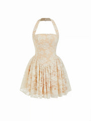 Floral Lace Halter Neckline Ruffled Flared Mini Dress