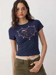 Cotton-blend Heart & Dog Graphic Embroidery Short Sleeve Top