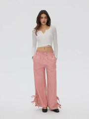 Cotton-blend High Rise Striped Wide Leg Trousers With Bowknot Cuffs