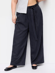 Mid Rise Stripe Wide Leg Trousers With Belt Curve & Plus