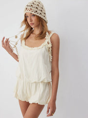 Cotton-blend Mid Rise Scoop Neck Ruffle Bubble Hem Oversized Romper