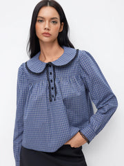 Cotton-blend Gingham Peter Pan Collar Puff Sleeve Lace Panel Blouse