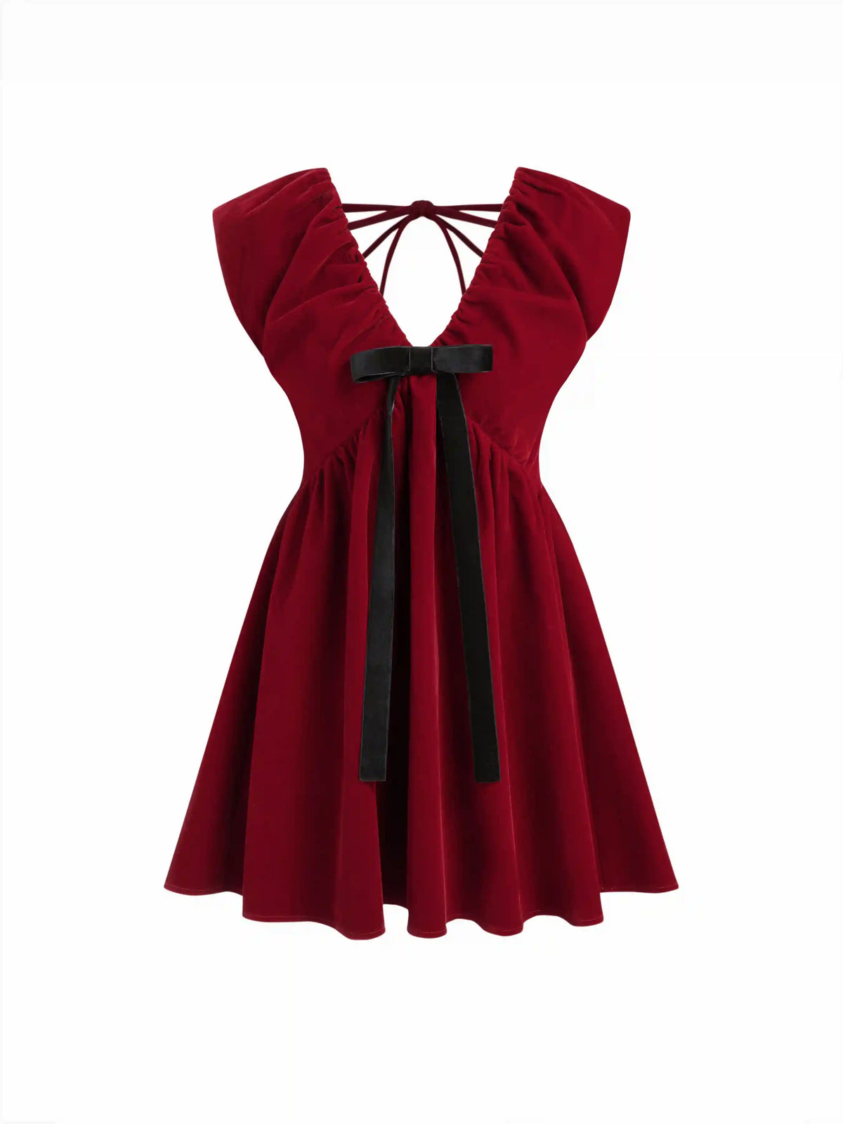 Velvet V-neck Bow Detail A-line Mini Dress