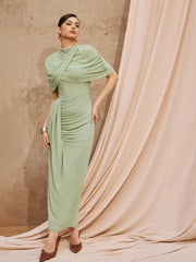 Mesh High Neckline Asymmetrical Ruched Cloak Sleeve Mermaid Maxi Dress