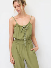 Cotton Scoop Neck Shirred Bowknot Mid Rise Wide Leg Jumpsuit