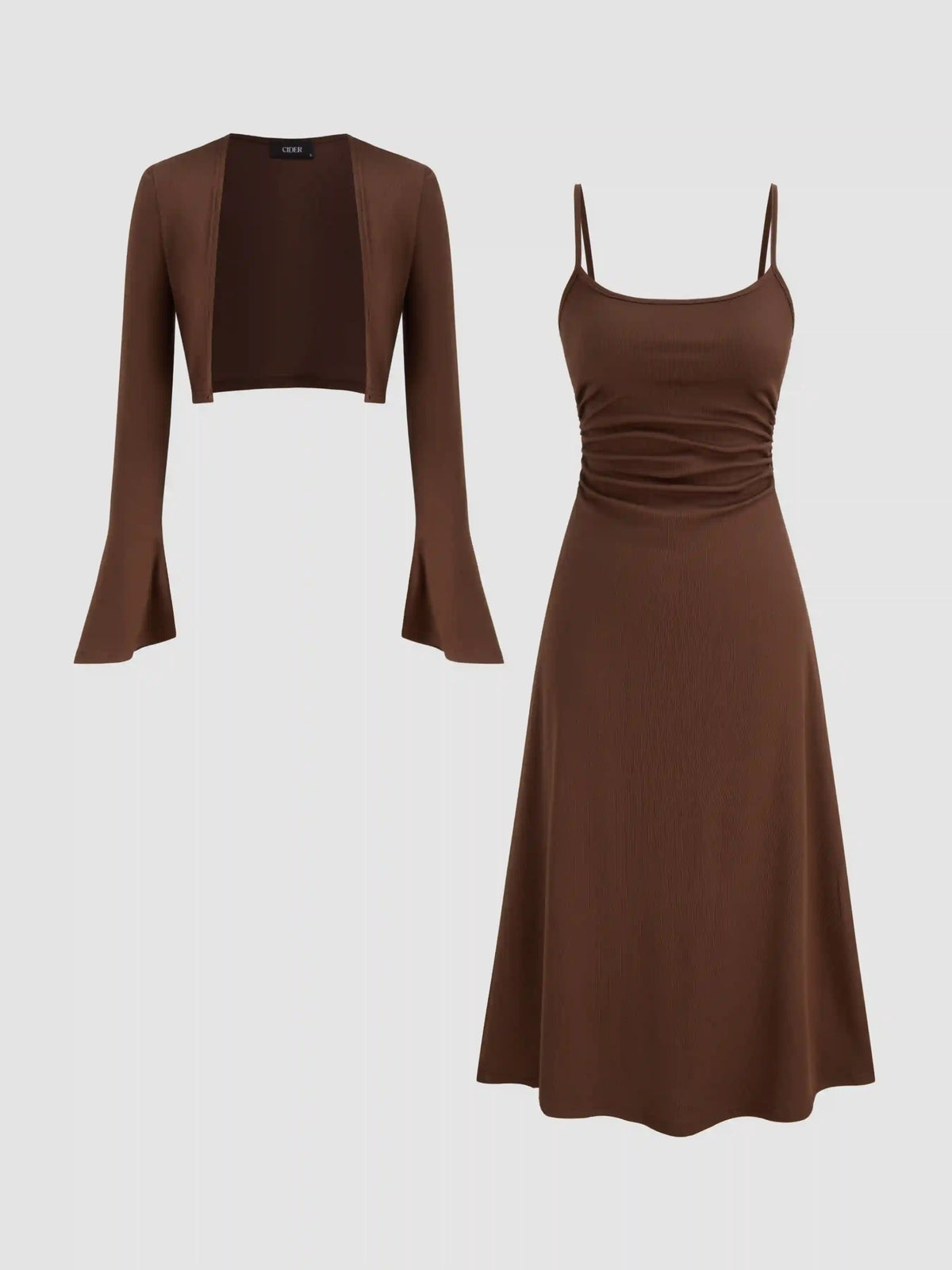Ruched Solid Cami Maxi Dress & Solid Long Sleeve Shrug