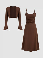 Ruched Solid Cami Maxi Dress & Solid Long Sleeve Shrug