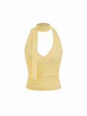 Textured Halter Neckline Ruched Slim Top With Scarf